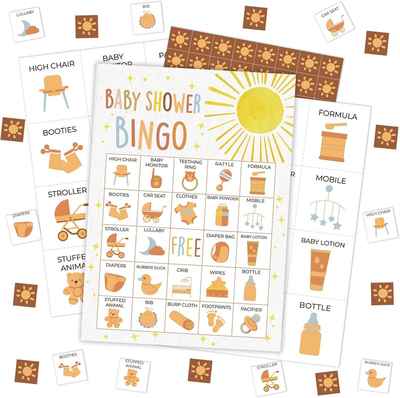 Mueddur Baby Shower Bingo Card, Sunshine Bingo Set for Adults Large Group Family Friends, Gender Neutral Baby Shower Game, Boho Sun Bingo Kit for Gender Reveal Party, Holiday Games for 24 Players -09 - Image 1